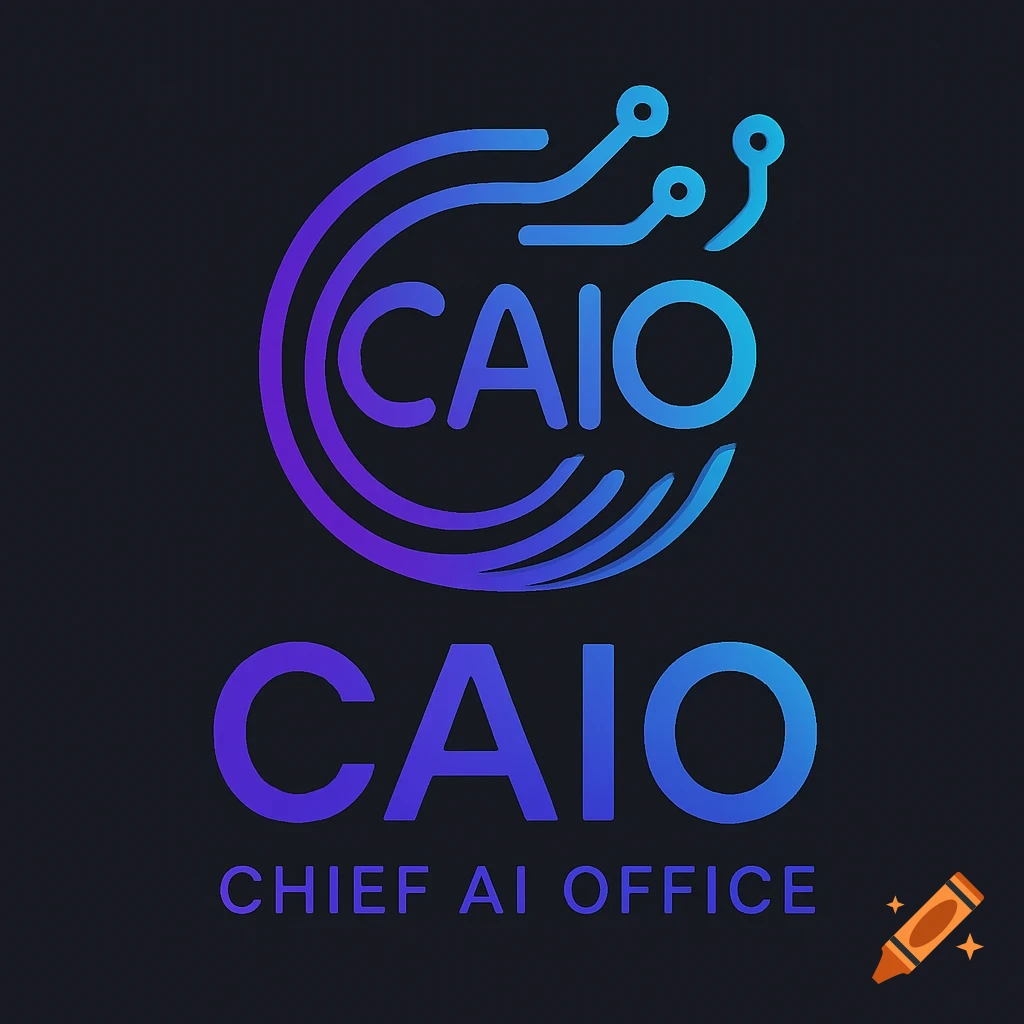 A blue and purple gradient logo with a stylized circuit board design, featuring 'CAIO' prominently and 'CHIEF AI OFFICE' below it.