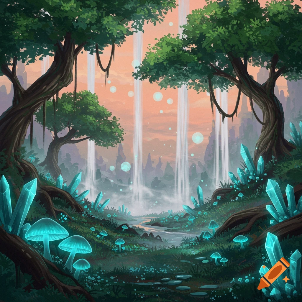 A vibrant fantasy forest scene with glowing blue mushrooms and crystals, waterfalls, and large trees under an orange sky.