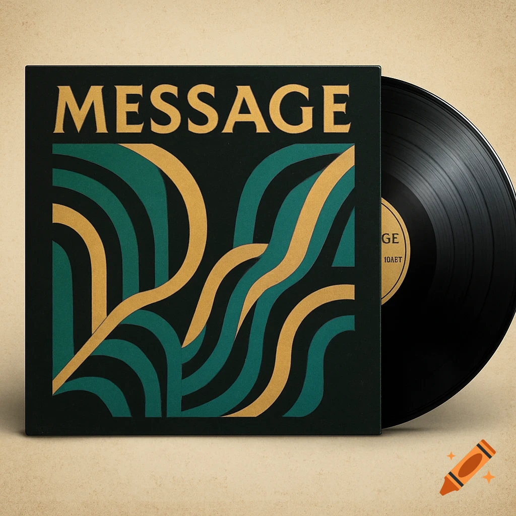 A black vinyl record with a cover art titled 'MESSAGE,' featuring abstract green and gold wavy patterns on a dark background.