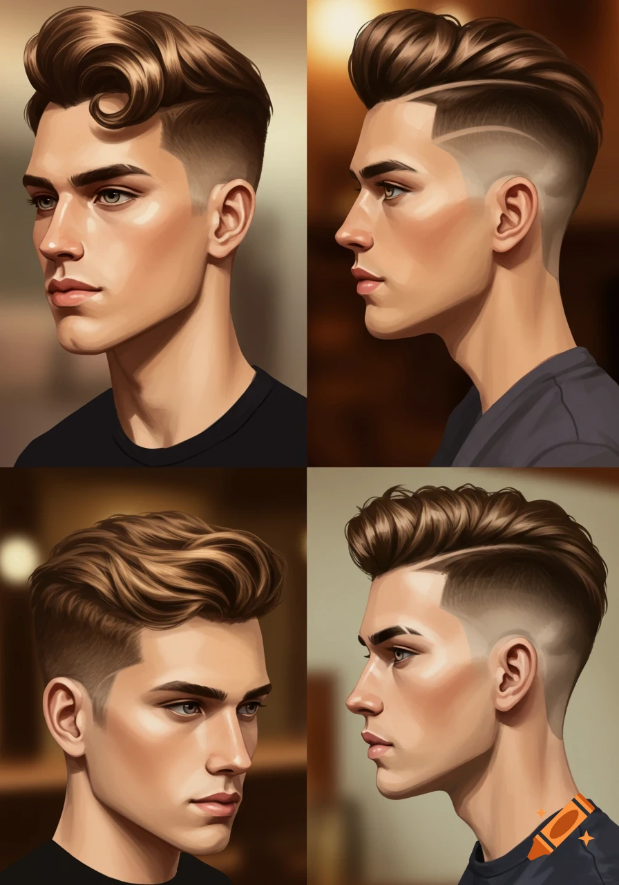 Four stylized portraits of men showcasing different modern hairstyles with fades and styled tops.
