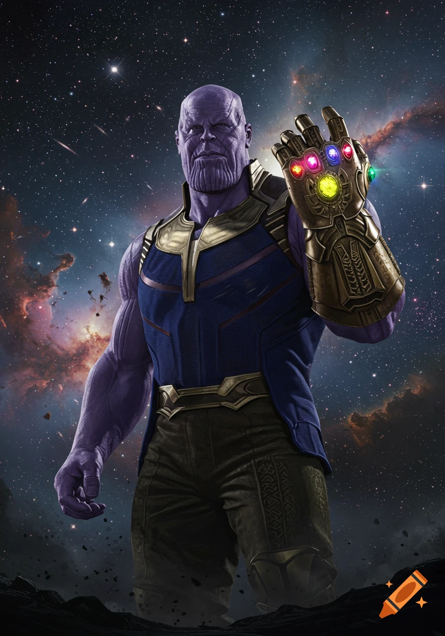 Thanos, a powerful purple-skinned alien, stands in deep space, wearing blue and gold armor, raising a golden gauntlet with colorful infinity stones.