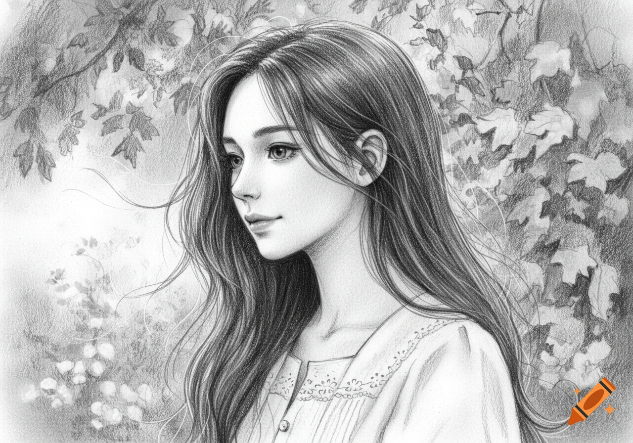 Pencil sketch portrait of a girl with long dark hair looking left, against a leafy background.