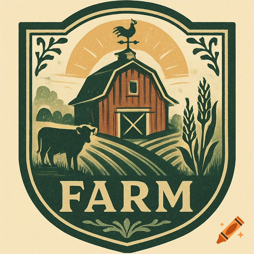 Stylized farm logo featuring a red barn, cow, and crops under a sun, with the word 'FARM' at the bottom.