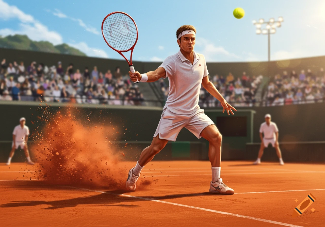 A male tennis player in white uniform hits a tennis ball on a clay court, kicking up dirt, with spectators in the background. Photorealistic style.