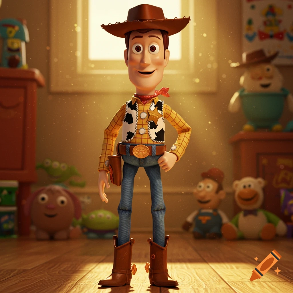 Woody from Toy Story stands in a sunlit room filled with other blurred toys, in a detailed 3D animated style.