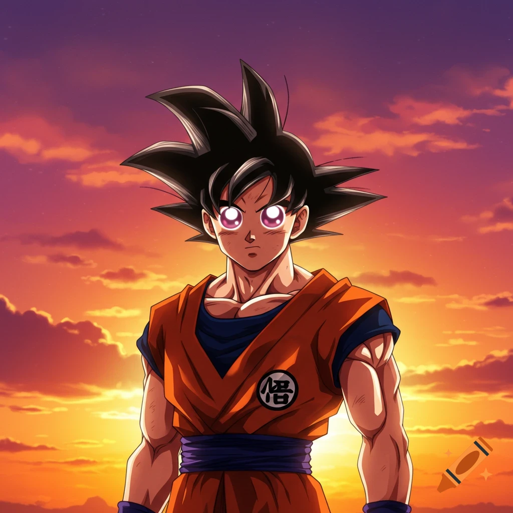 Goku from Dragon Ball Z with large, cute pink eyes stands against a vibrant orange and purple sunset sky.
