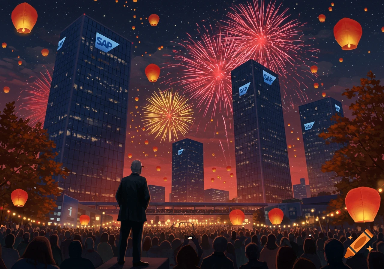 A large crowd gathers in a city at night, watching fireworks explode over skyscrapers with SAP logos, under a sky filled with glowing lanterns.