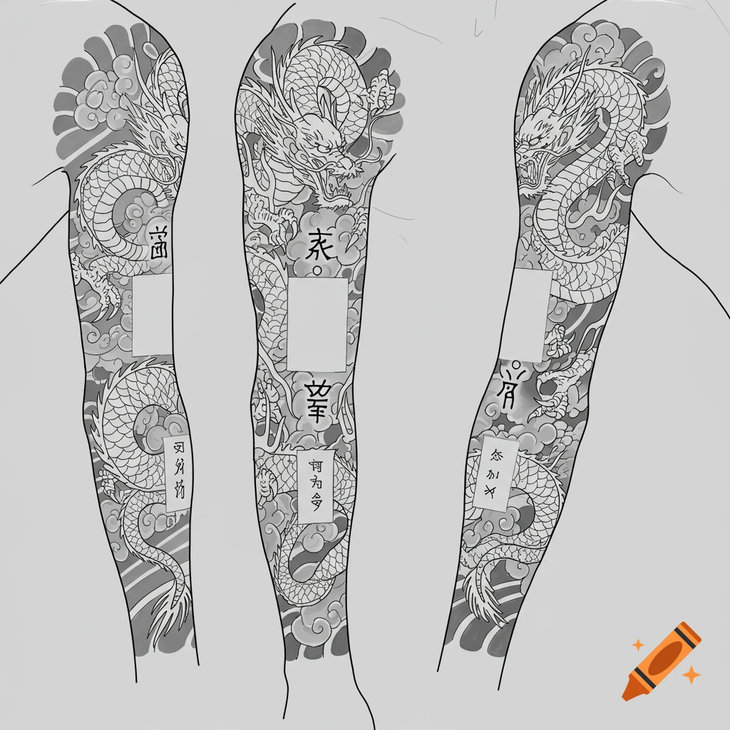 Three arm sleeves with intricate gray and white line art of intertwined Chinese dragons and clouds, with empty white rectangular placeholders and some stylized text.