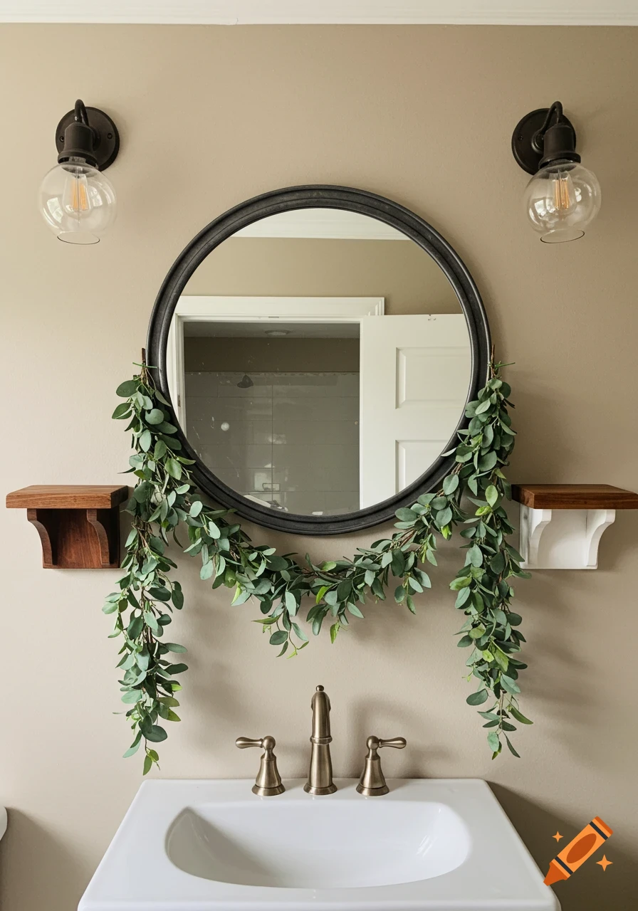 Photorealistic bathroom vanity with a round mirror, bronze faucet, white sink, decorative eucalyptus garland, and wooden shelves.