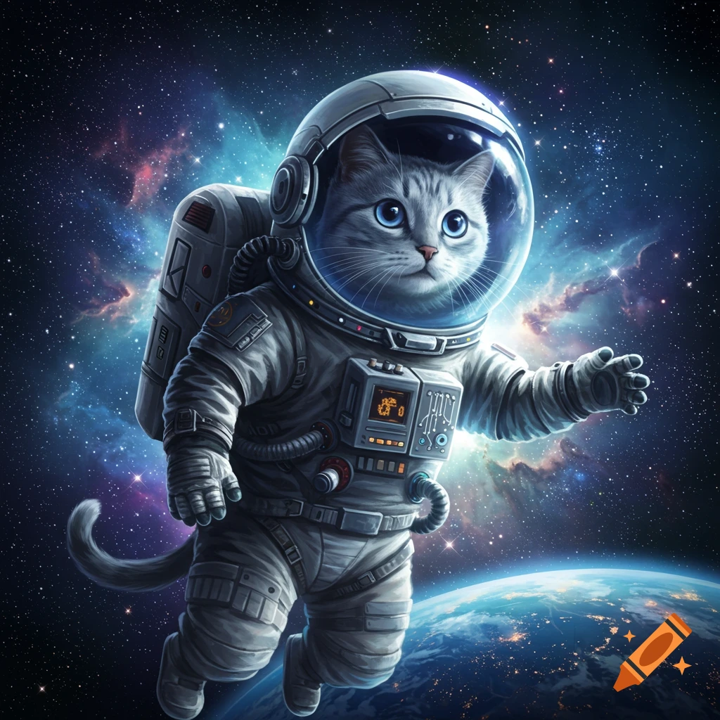 A cute grey cat in a detailed astronaut suit floats through space with Earth and colorful nebulae in the background.