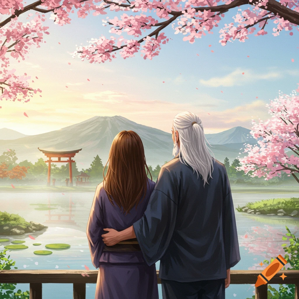 Illustrated couple from behind, viewing a Japanese landscape with Mount Fuji, a torii gate, and cherry blossoms.