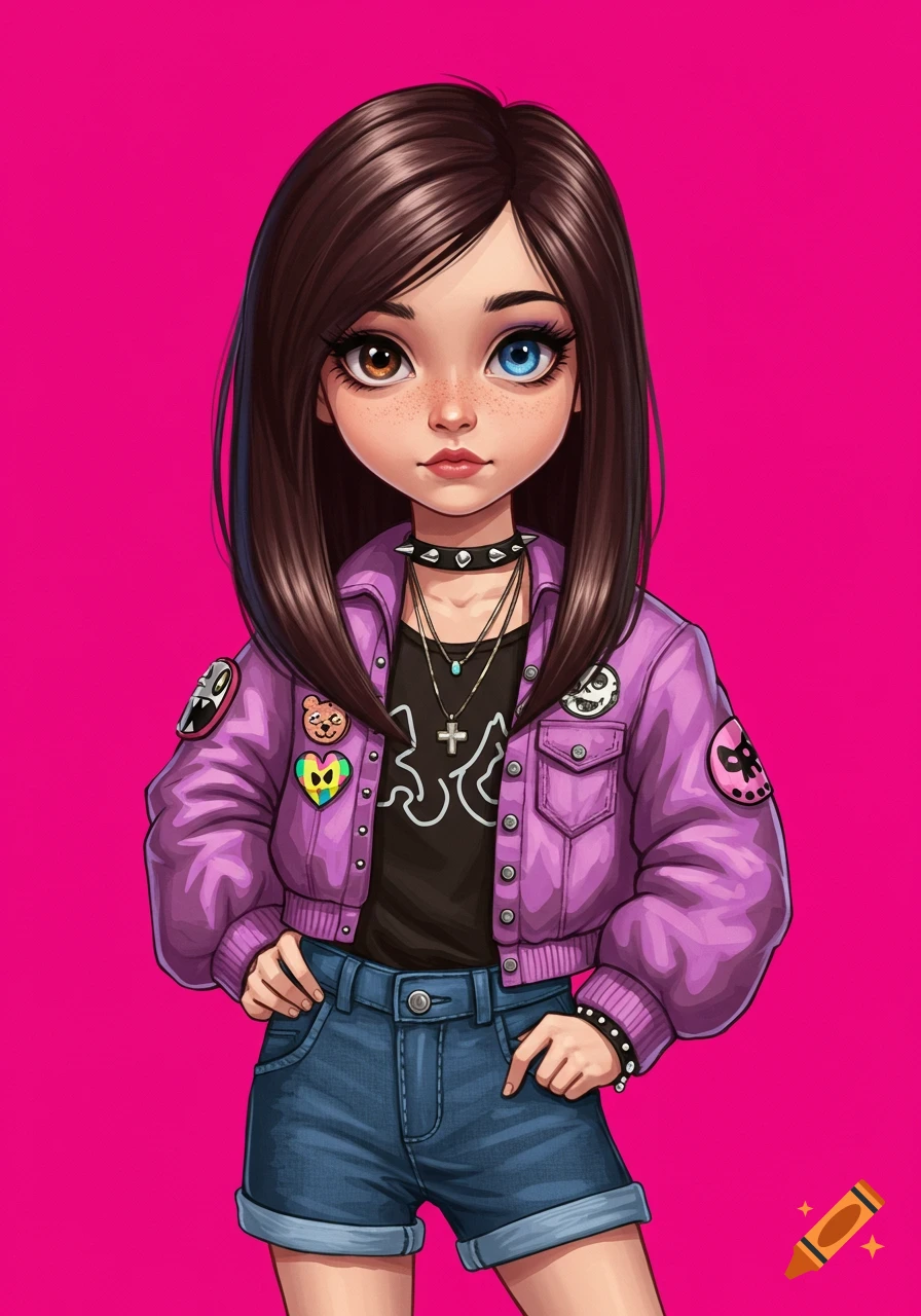 A cute cartoon girl with heterochromia, dark brown hair, a purple jacket with patches, and denim shorts, against a pink background.