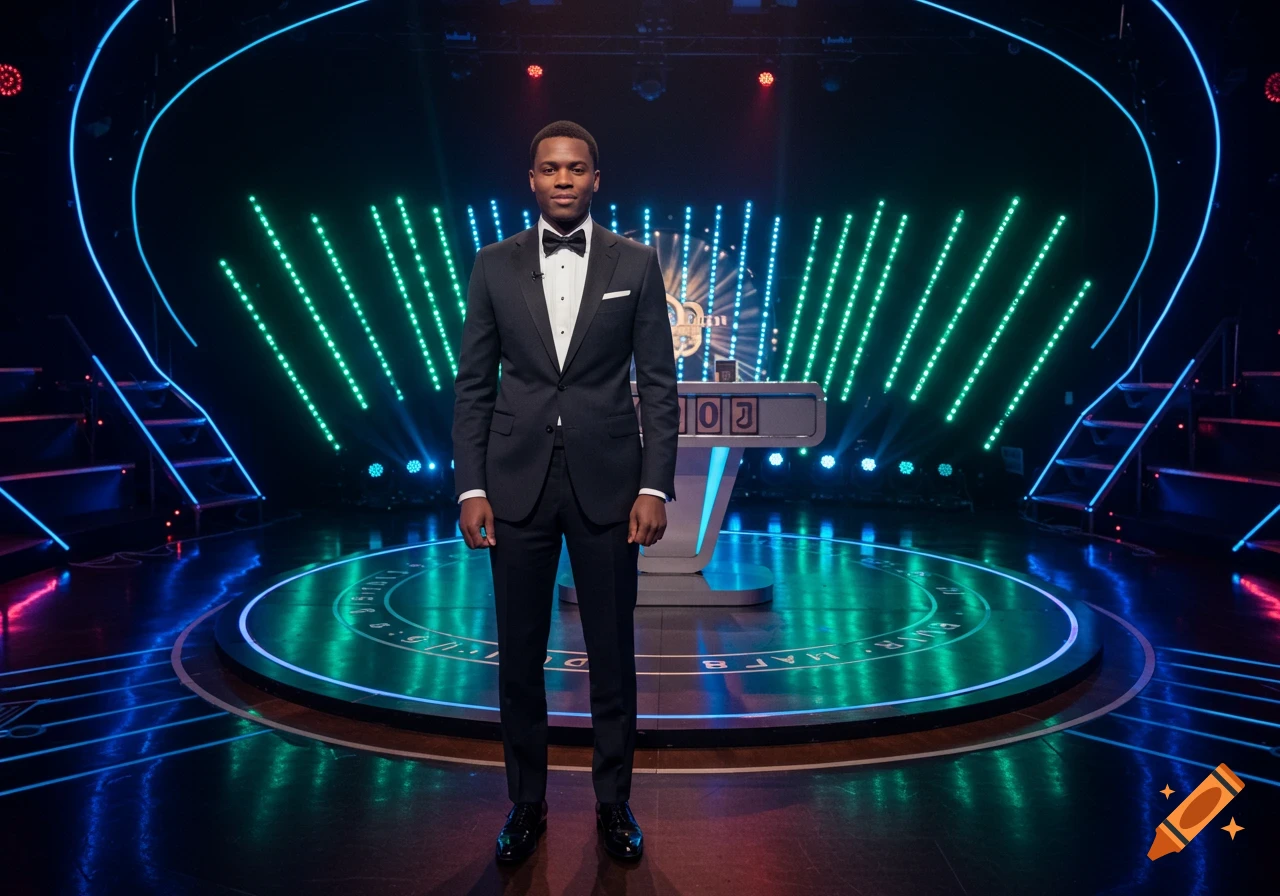 A man in a black tuxedo and bow tie stands on a neon-lit game show stage, with a large screen and question podium behind him.