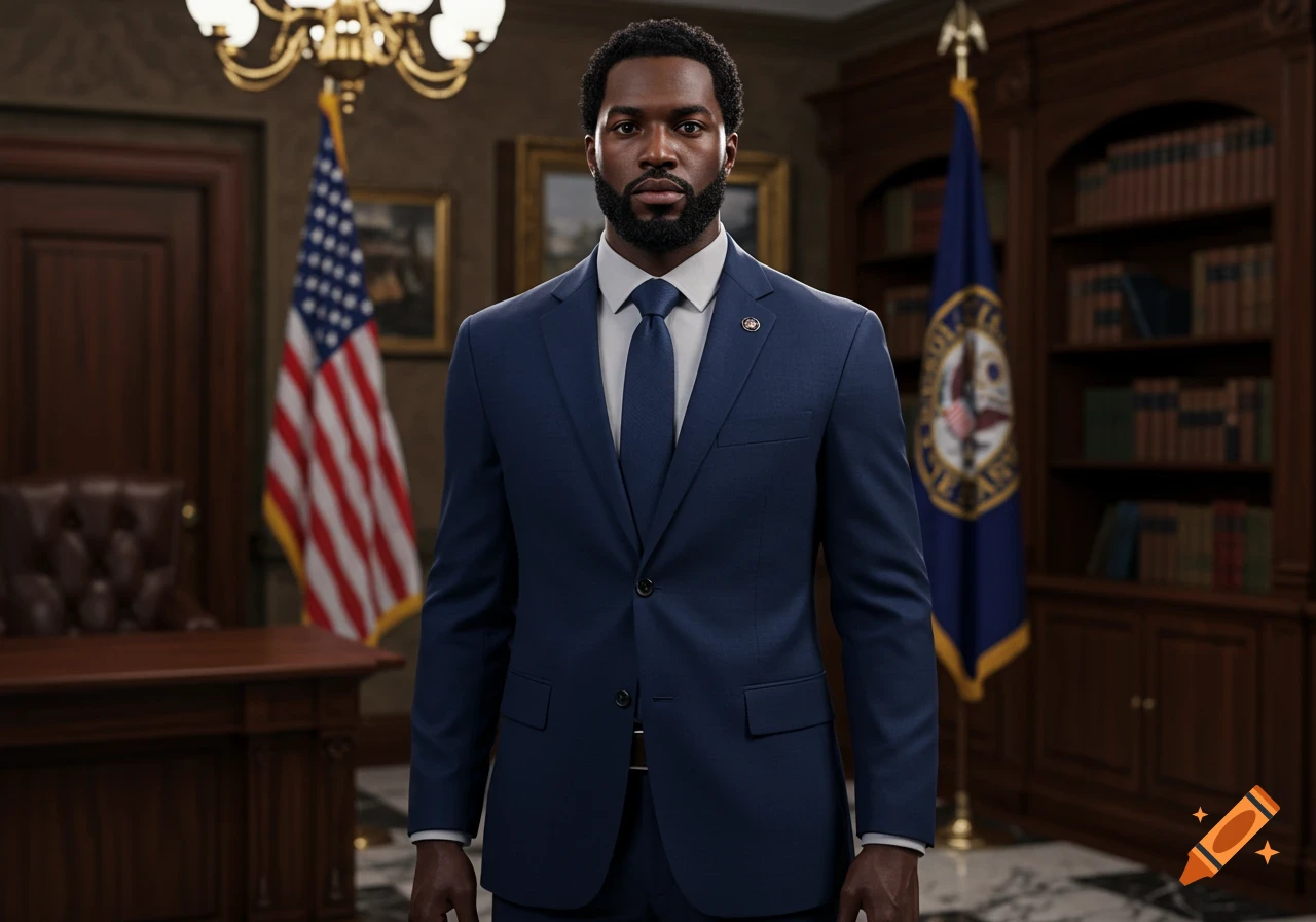 Photorealistic portrait of a Black man in a blue suit and tie, standing in a formal office with US flags and bookshelves.