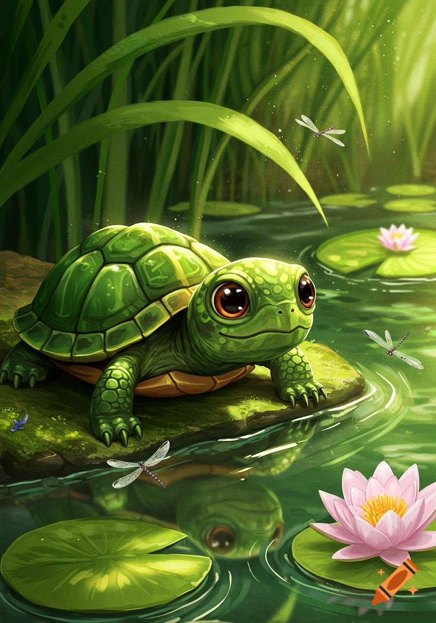 A cute green cartoon turtle with big brown eyes sits on a rock in a lily pad pond with dragonflies.
