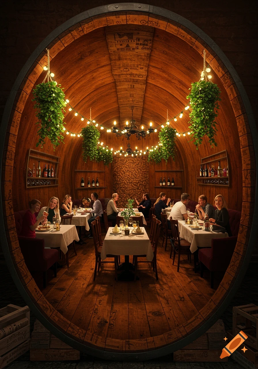 A rustic restaurant interior carved into a giant wooden barrel, with diners seated at tables under string lights and hanging plants.