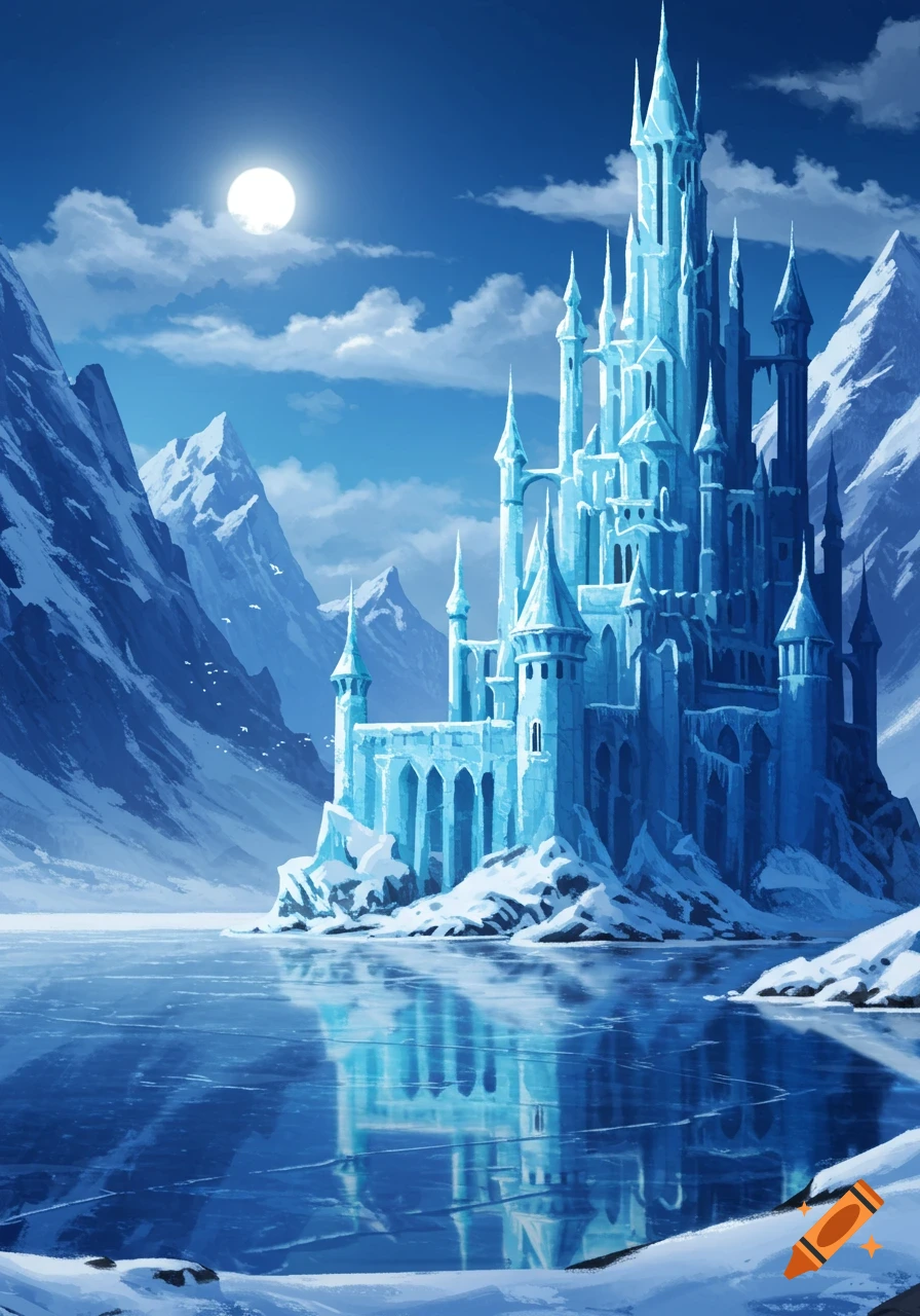 A majestic ice castle with sharp spires stands on a frozen lake, surrounded by snow-capped mountains under a full moon at night. Illustrated fantasy style.