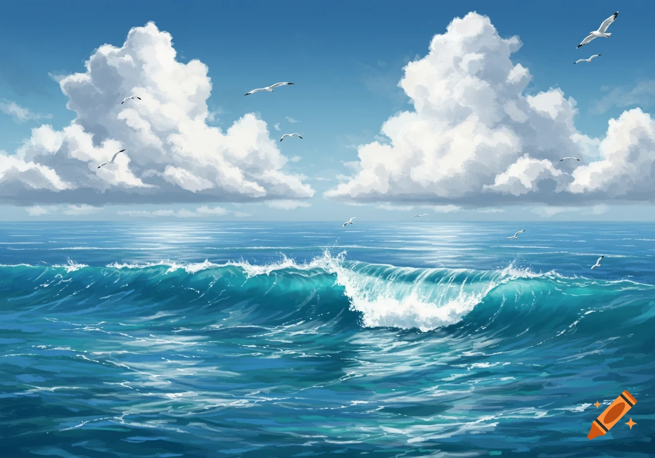 A vibrant digital painting of blue ocean waves under a bright sky with fluffy white clouds and flying seagulls.