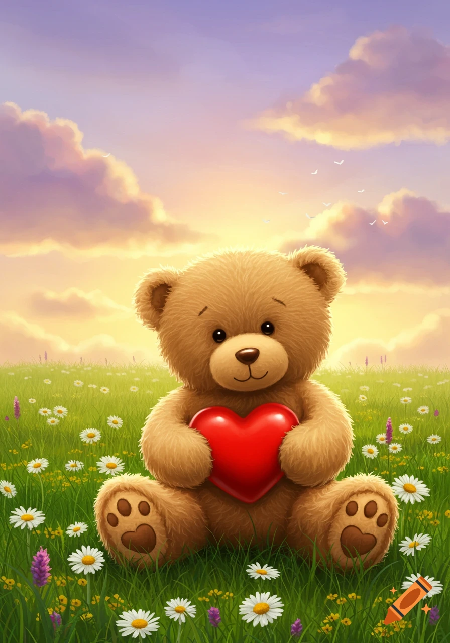 A cute fluffy brown teddy bear sits in a daisy-filled green field, holding a red heart with a colorful sunset sky.
