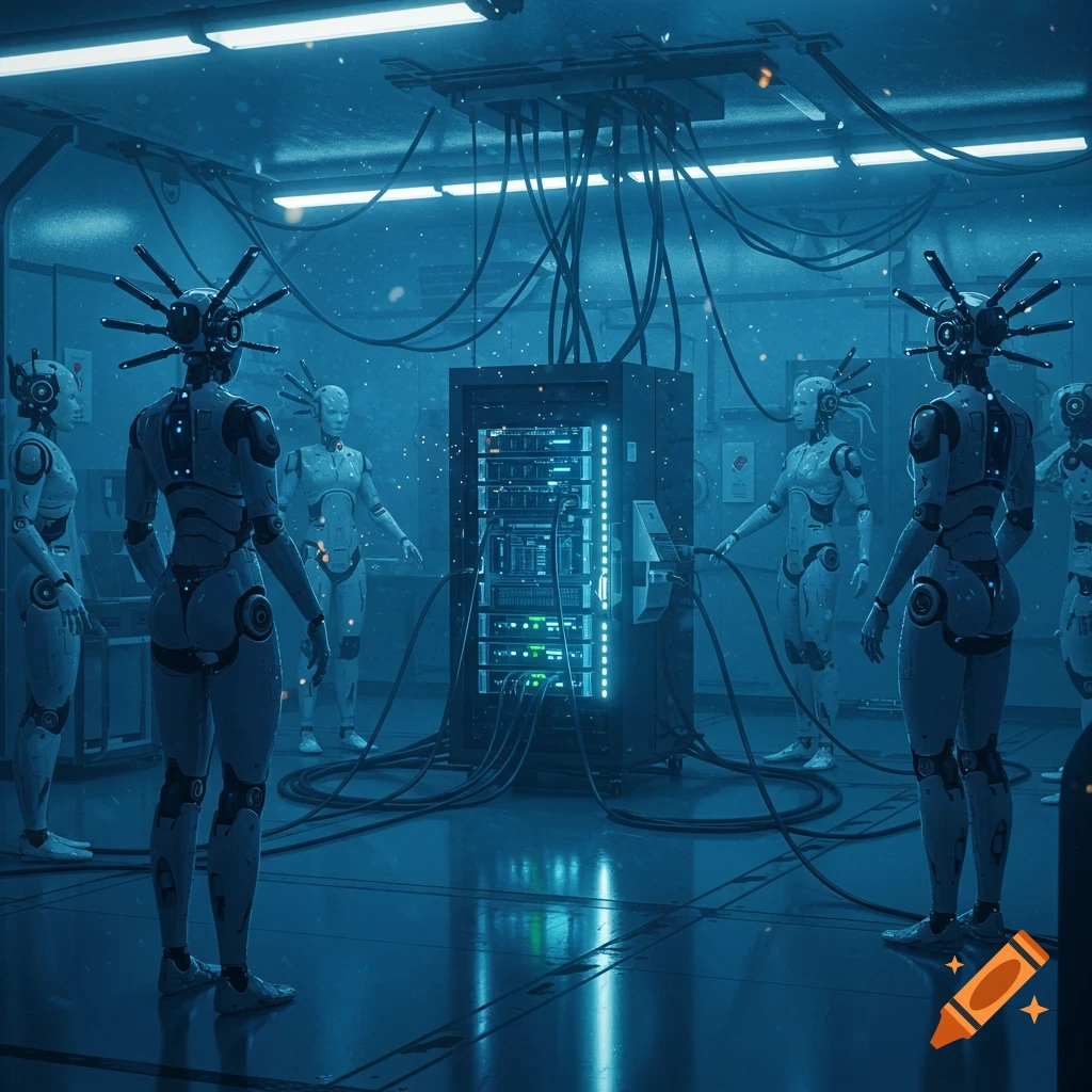 Humanoid robots with antenna-like heads work in a futuristic, blue-lit server room filled with cables and glowing servers. Photorealistic style.