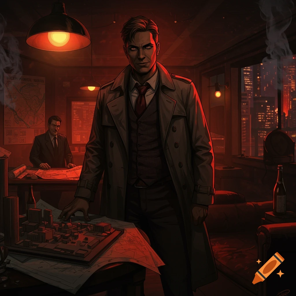 A man in a trench coat stands over maps and a city model in a red-lit, smoky room with a cityscape visible outside.