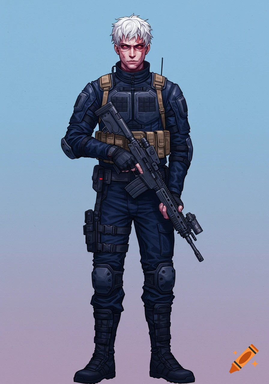 Anime male character with white hair, red eyes, and a scar, dressed in a navy tactical uniform and holding a rifle.