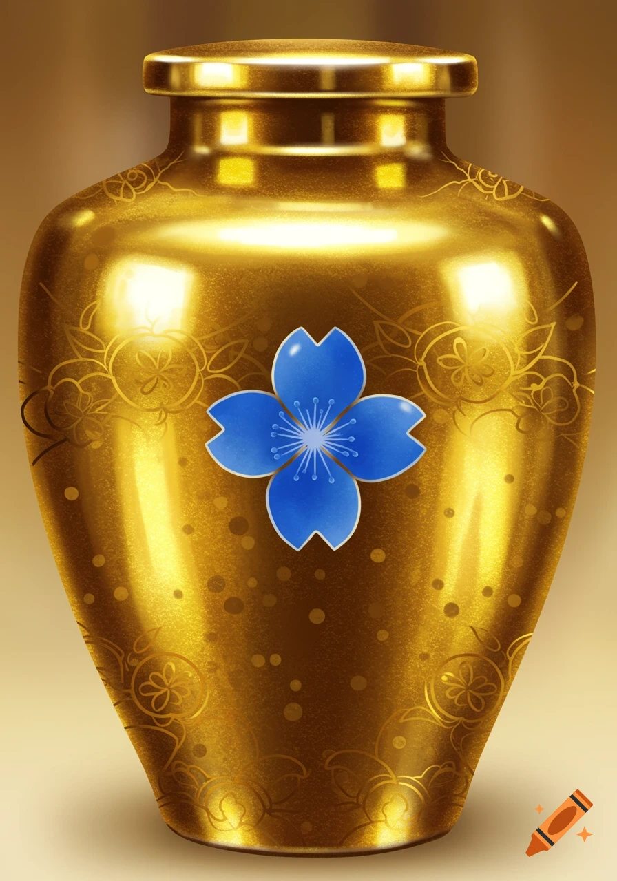 A shiny golden Japanese jar adorned with a blue cherry blossom emblem at its center.