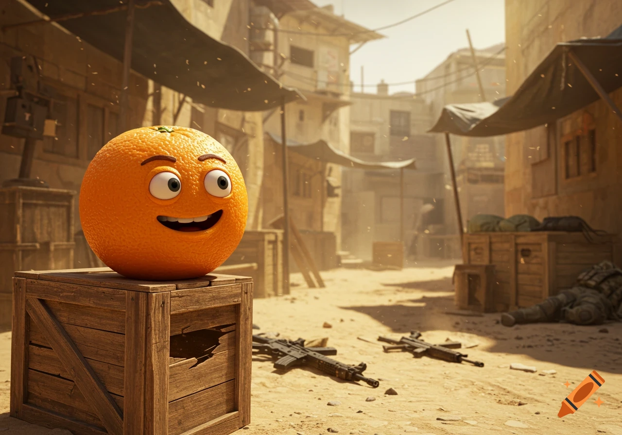 An anthropomorphic orange with a happy expression sits on a wooden crate in a dusty, war-torn urban street, with rifles and a prone figure in the background.