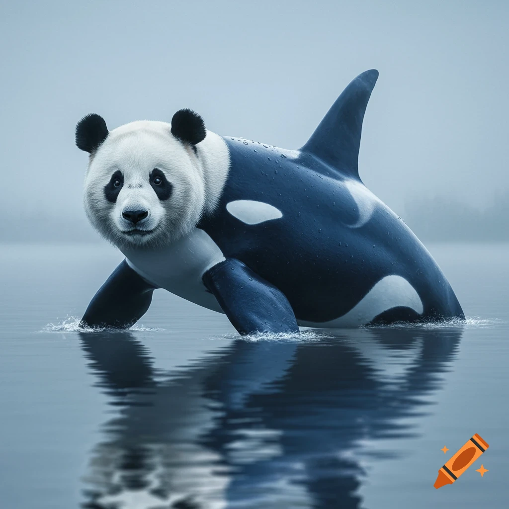 Photorealistic hybrid creature with a panda head and an orca body partially submerged in calm water.