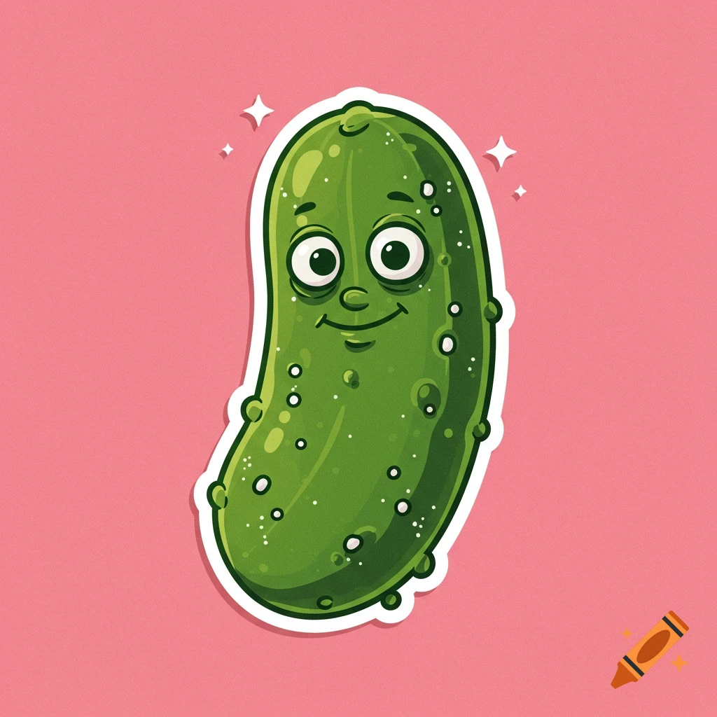 A cheerful cartoon pickle sticker with a smiling face and big eyes, set against a pink background.