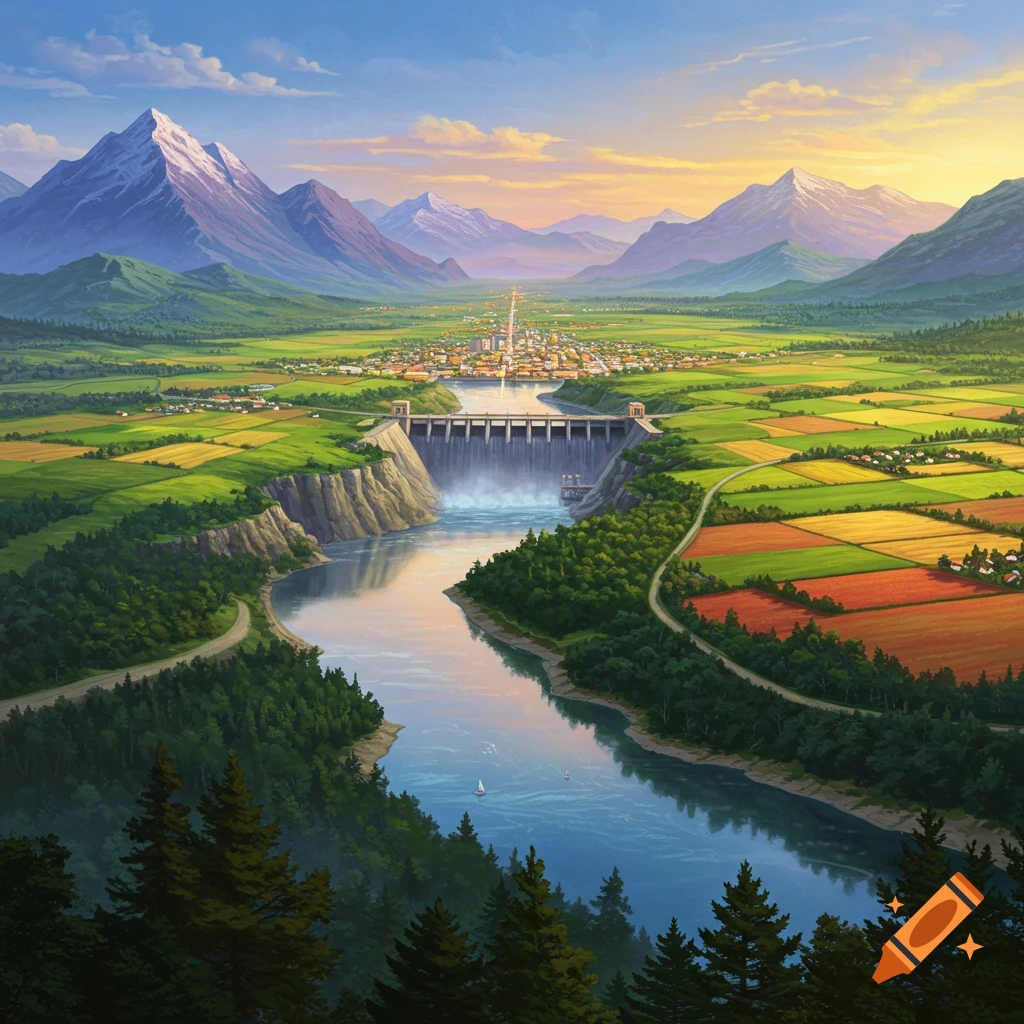 Vibrant illustrative aerial landscape with a river, dam, patchwork fields, a town, and snow-capped mountains under a colorful sky.