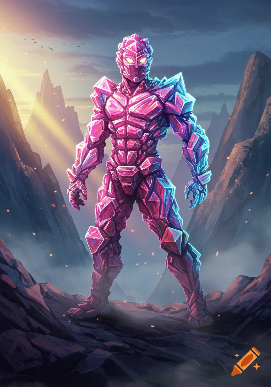 A crystal superhero figure made of pink and blue shards stands in a rocky, mountainous landscape with a glowing sunset.