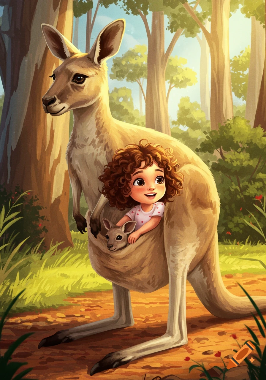 Cartoon illustration of a smiling girl and a joey in a kangaroo's pouch in a sunny forest.