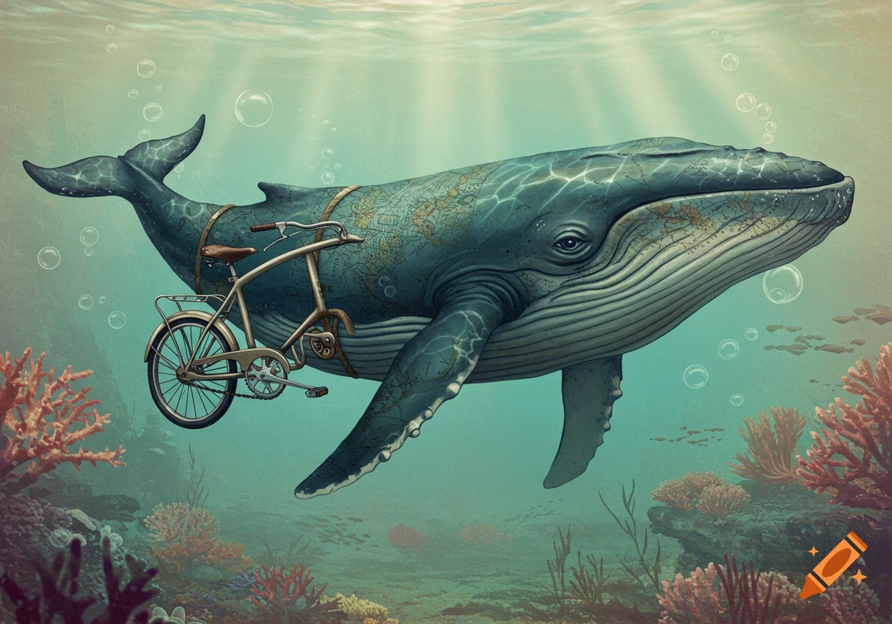 A surreal image of a large whale swimming underwater, with an old-fashioned bicycle strapped to its back. Coral and bubbles are visible.