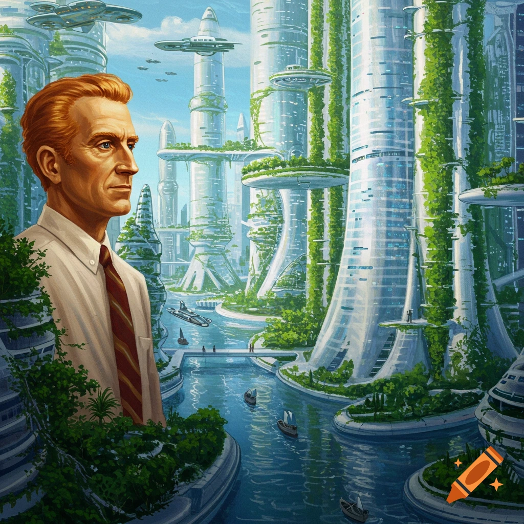 An illustration of a man looking out over a futuristic city with vine-covered buildings and waterways.