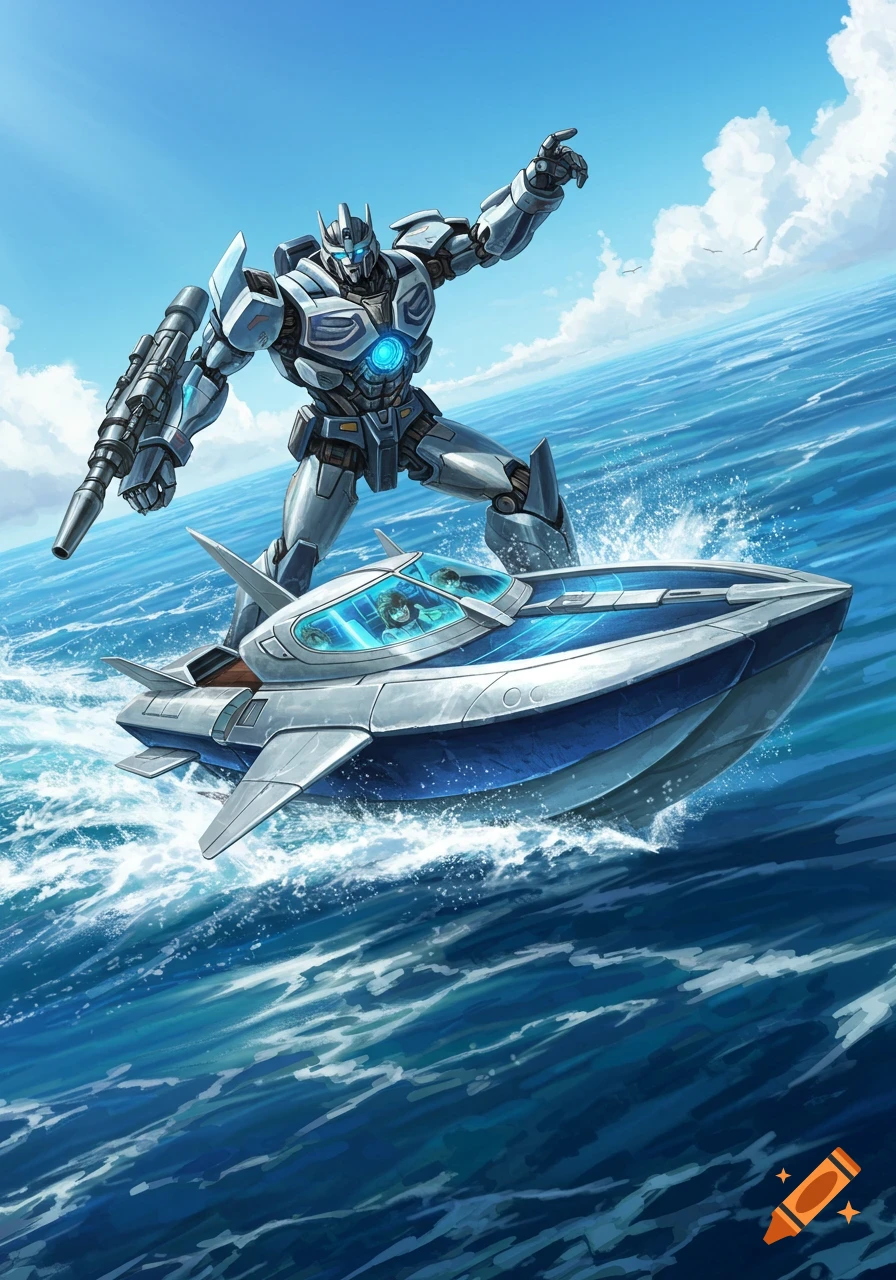 An anime-style robot with a rifle surfs on a sleek futuristic boat over the blue ocean.