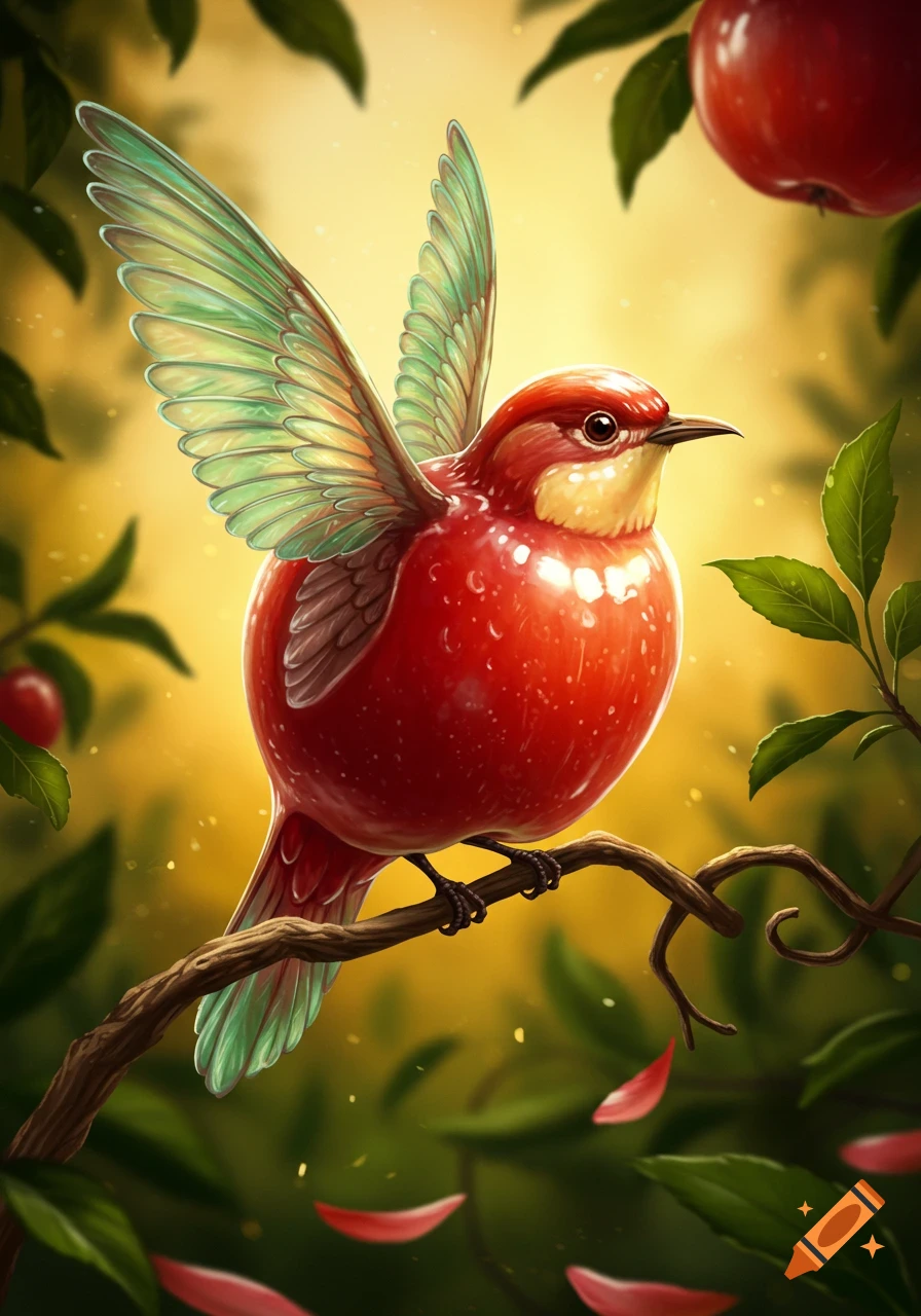 A vibrant, stylized red bird with bright green wings, its body resembling an apple, perches on a branch in a sunny, lush apple tree setting with falling petals.