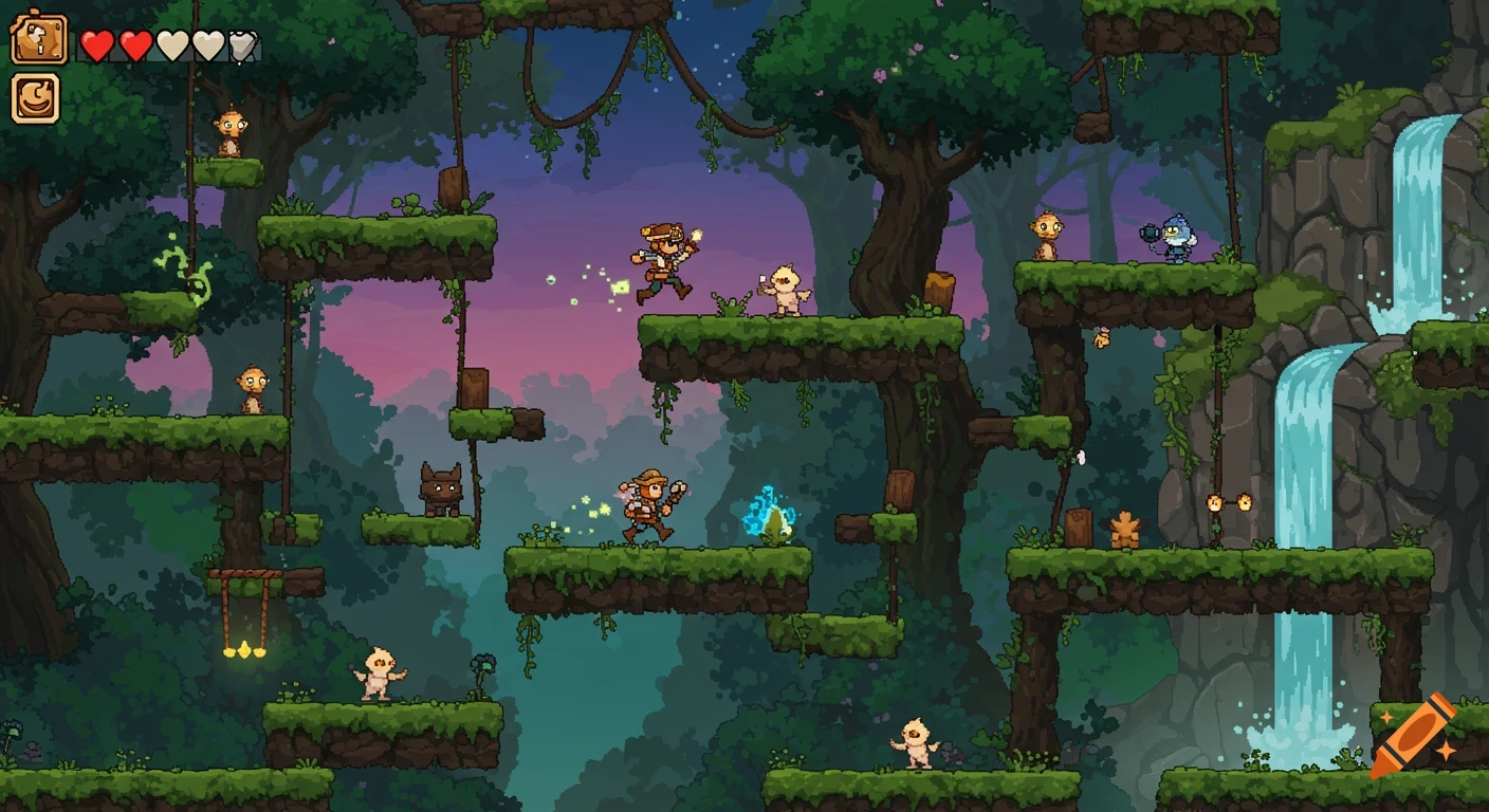 Pixel art 2D platformer game scene in a lush jungle with characters running on grassy platforms and waterfalls.