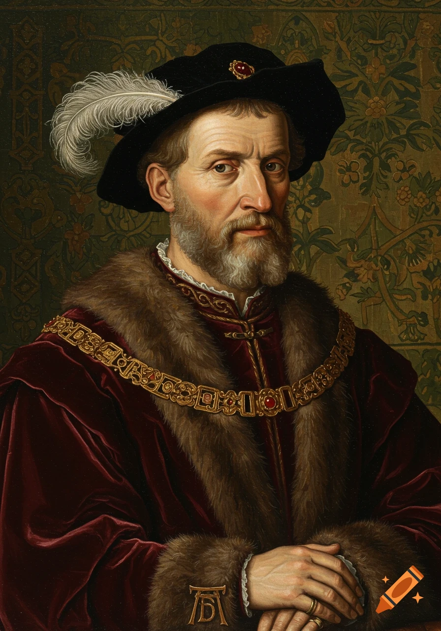 An oil painting of a stern-looking bearded man in a dark velvet robe with fur trim, a gold chain, and a feathered hat.