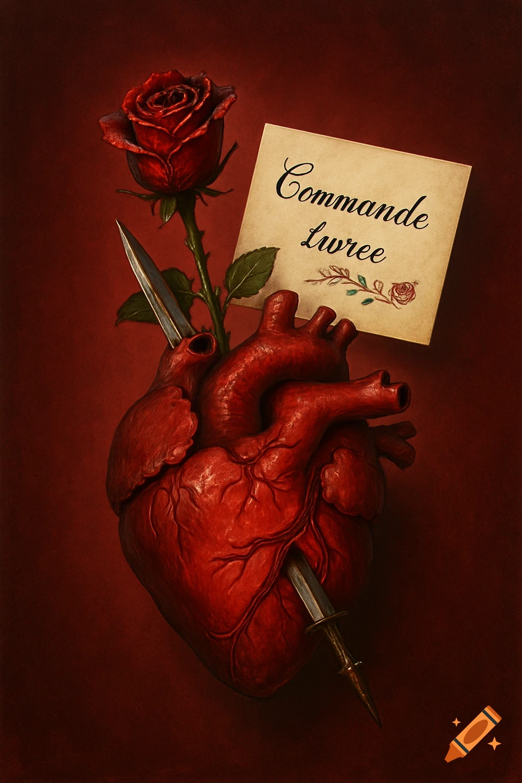 A dark red, realistic human heart is pierced by a small dagger. A vibrant red rose with a hidden blade on its stem emerges from the top of the heart. A small note titled "Commande Livree" rests on the upper right side, all set against a deep burgundy background in a painterly style.