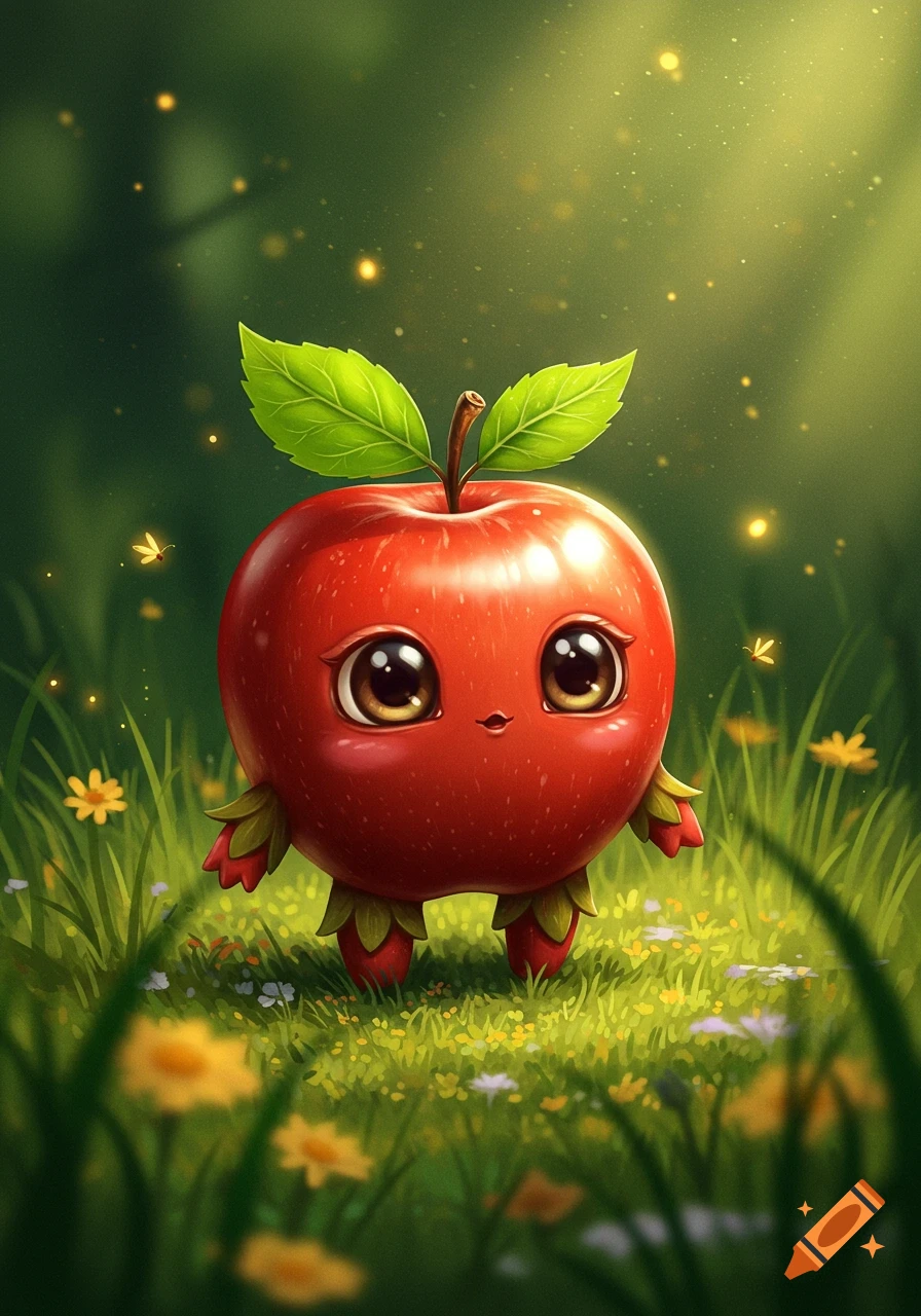 A cute, whimsical, red apple monster with big eyes and green leaves for limbs stands in a sparkly green grassy field with tiny flowers.