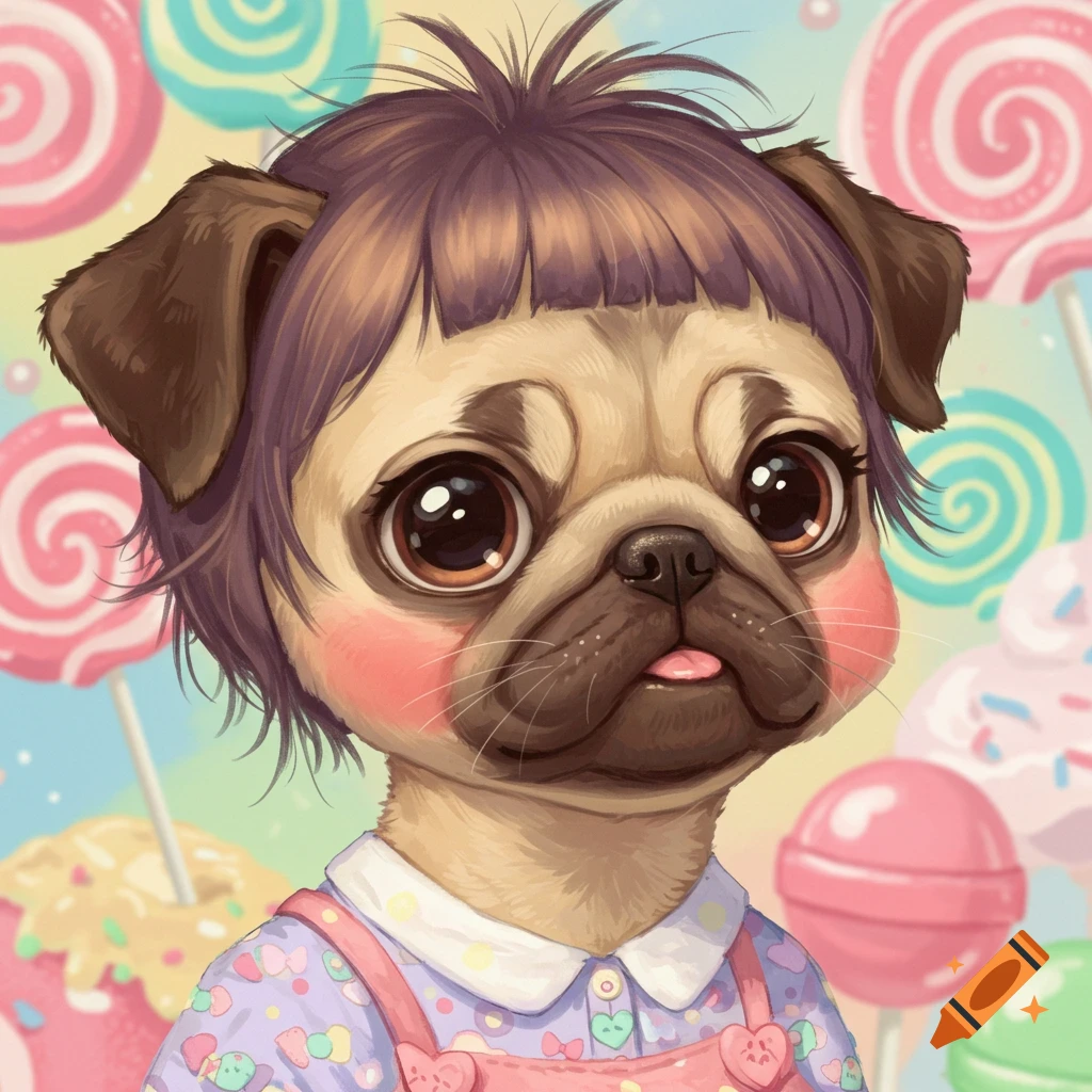 An anthropomorphic pug with a purple bob haircut and rosy cheeks wears overalls in a candy background, cartoon style.
