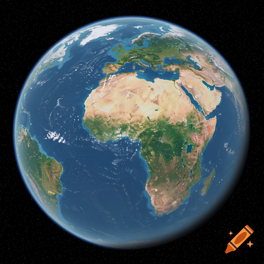 A detailed view of Earth from space, showing continents, oceans, and clouds against a starry background.