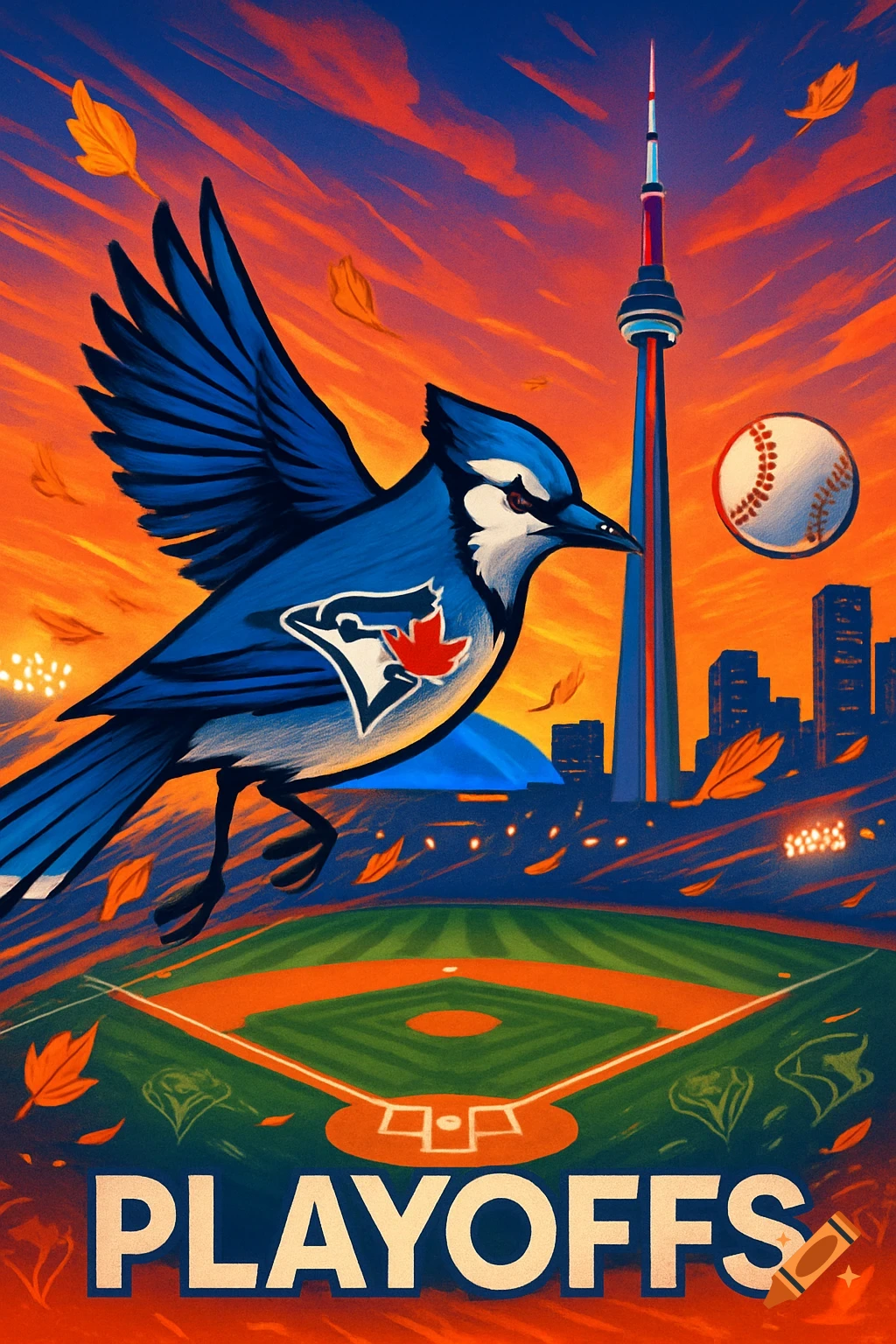 Stylized illustration of a blue jay flying over a baseball stadium with the Toronto skyline and CN Tower, text reads "PLAYOFFS".