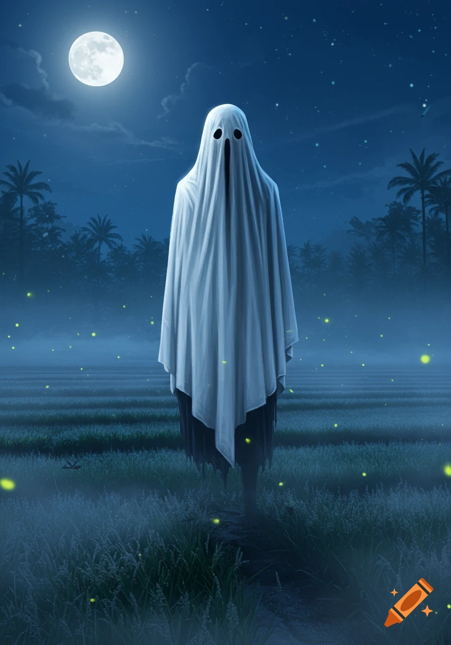 A white sheet ghost with dark eyes stands in a misty field under a full moon, with fireflies and palm trees.