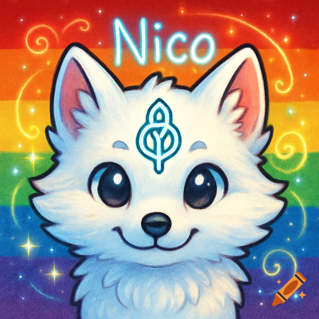 Cute cartoon white arctic fox face with "Nico" above, against a vibrant rainbow pride flag background with magical swirls.