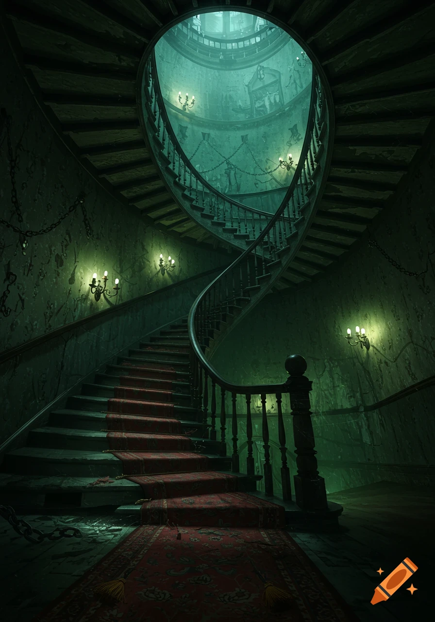 A dark, spooky, gothic spiraling staircase with a red runner in an abandoned mansion, lit by wall sconces.