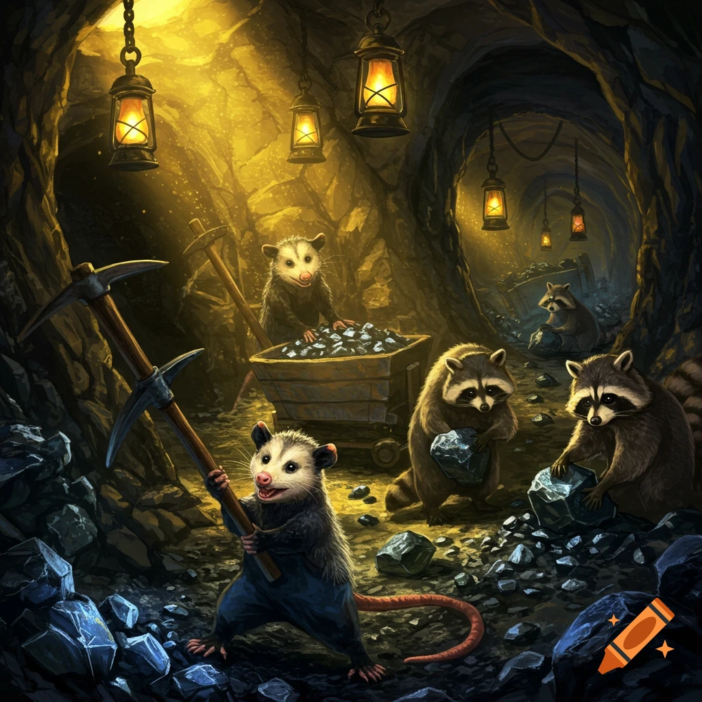 Illustrated fantasy art of opossums and raccoons mining for coal in a dark, lamp-lit cavern.