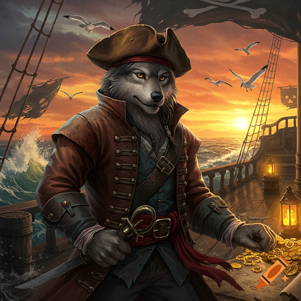 A furry wolf pirate in a tricorne hat and a brown coat stands on a ship's deck at sunset, with gold coins and a map.