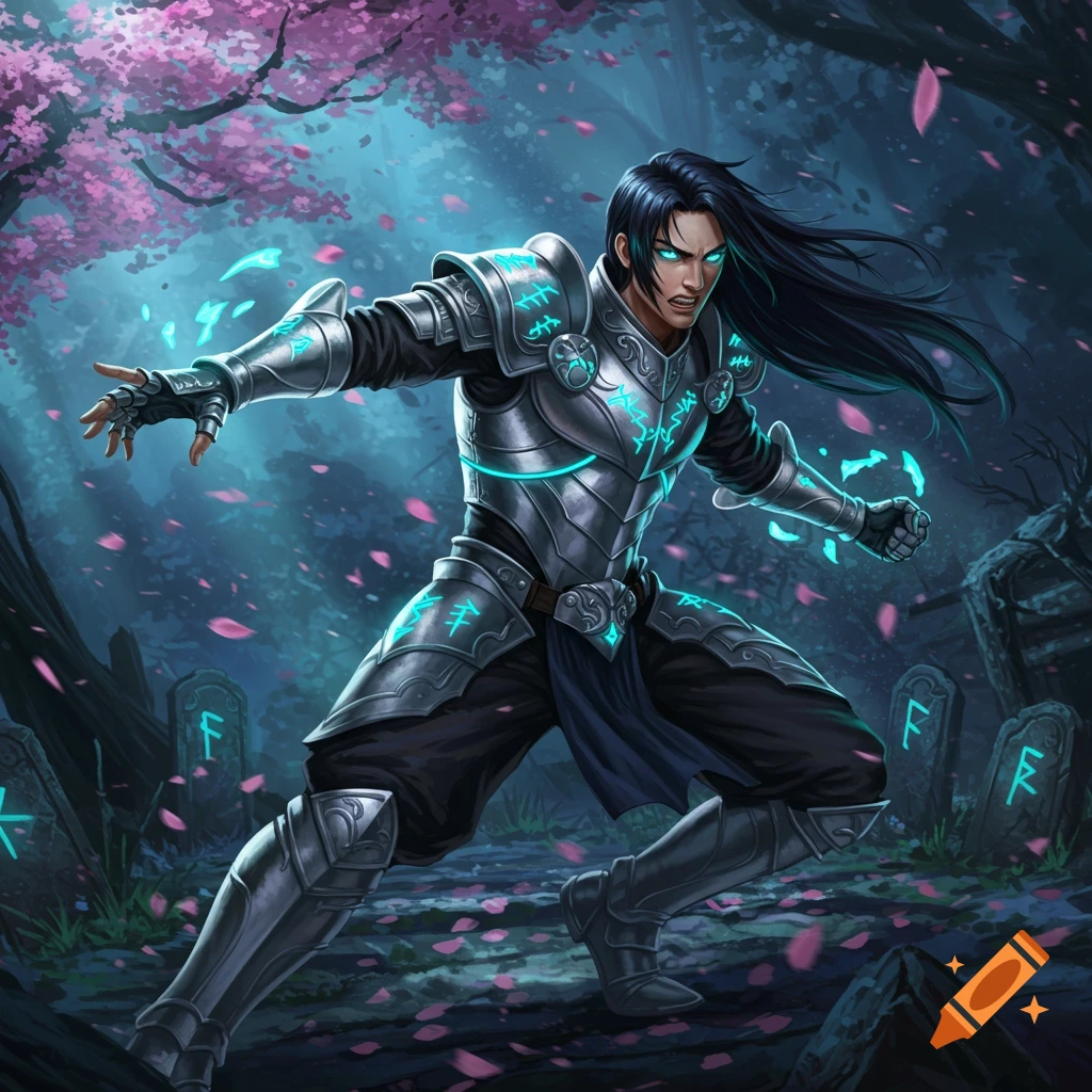 Anime fantasy fighter in shining armor, glowing blue energy, amidst a dark forest with cherry blossoms and rune-carved tombstones.